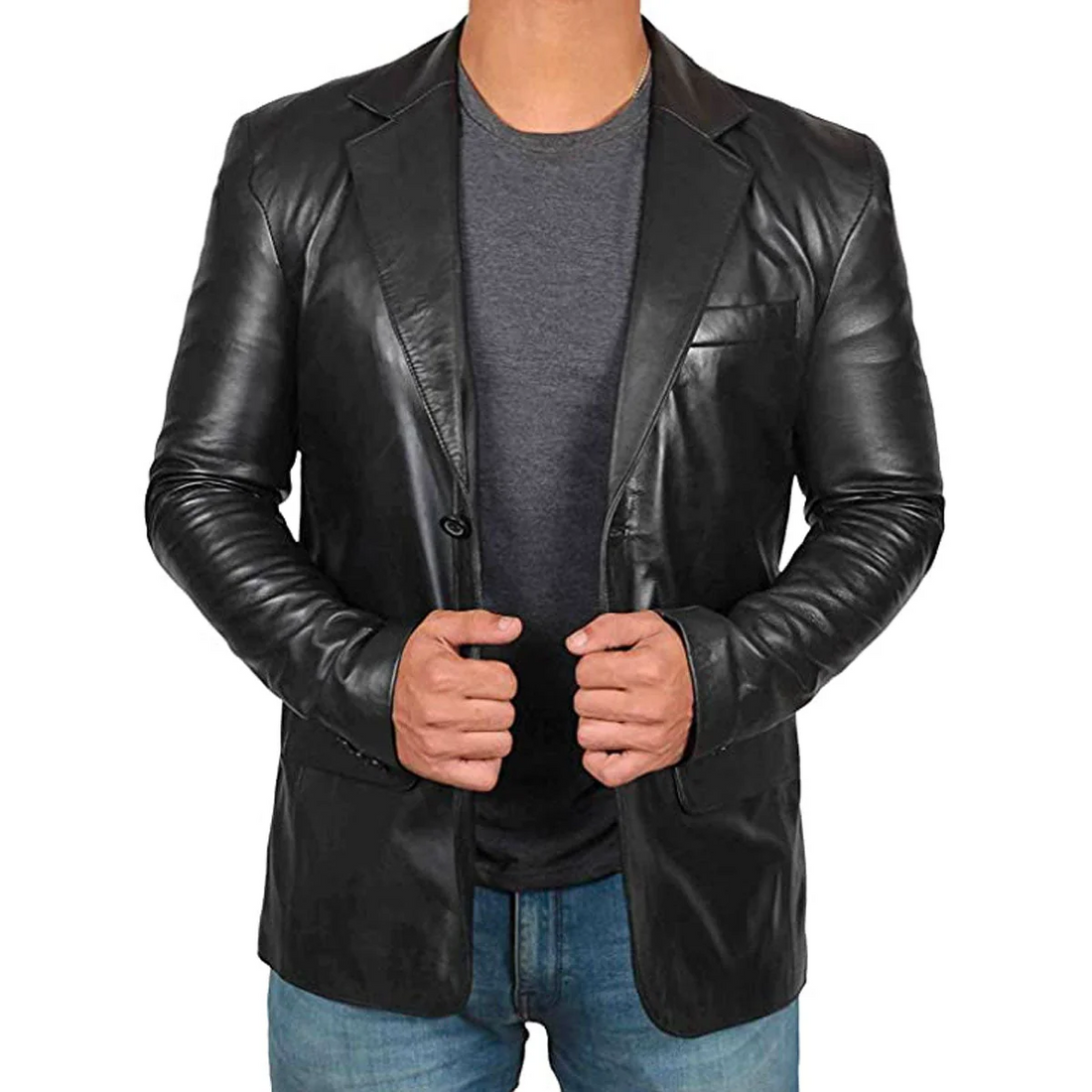 Men’s Blazer – Tailored Fit – Leather Look – Single Button – Modern Silhouette