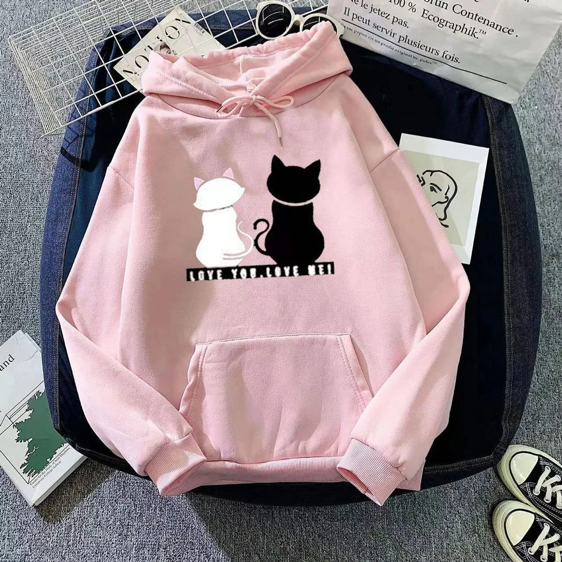 Women’s Hoodie – Oversized Fit – Fleece Feel – Cartoon Cat Print – Casual Lounge Wear