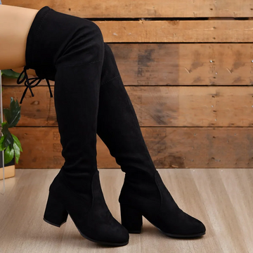 Women’s Over-the-Knee Boots – Stretch Fit – Suede-Like Finish – Block Heel – Lace-Up Back