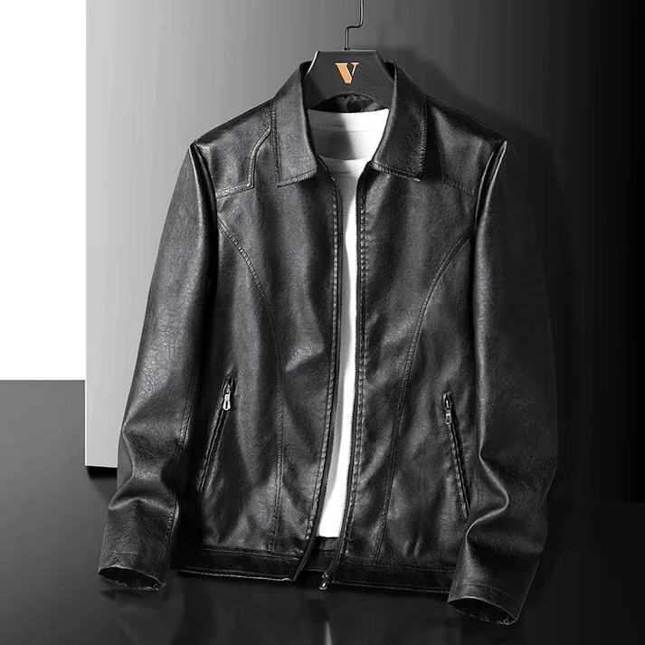 Men’s Faux Leather Jacket – Slim Fit – Point Collar – Full-Zip – Angled Zip Pockets