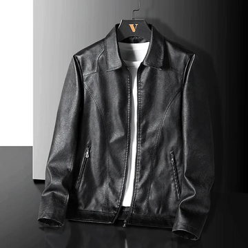 Men’s Faux Leather Jacket – Slim Fit – Point Collar – Full-Zip – Angled Zip Pockets