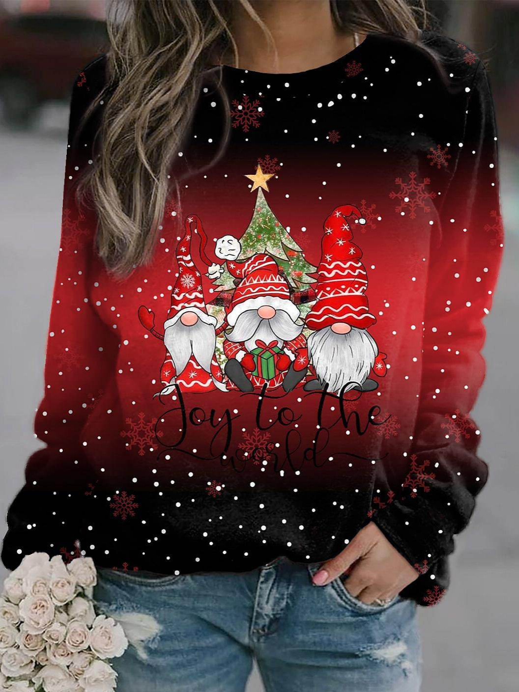 Women’s Sweatshirt – Loose Fit – Cotton Feel – Long Sleeve – Ombre Print – Festive Graphic