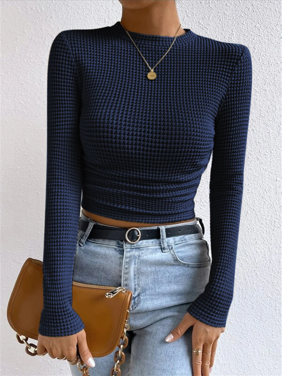 Women’s Sweatshirt – Slim Fit – Waffle Knit – High Neck – Cropped – Long Sleeve