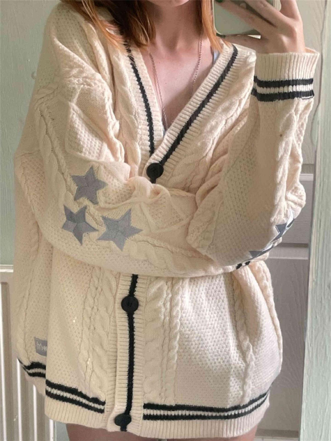 Women’s Cardigan – Wool Knit – Oversized Fit – Batwing Sleeves – Cable Knit – Star Detail
