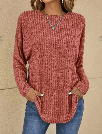 Women’s Pullover Top – Relaxed Fit – Ribbed Texture – Long Sleeve – Curved Hem
