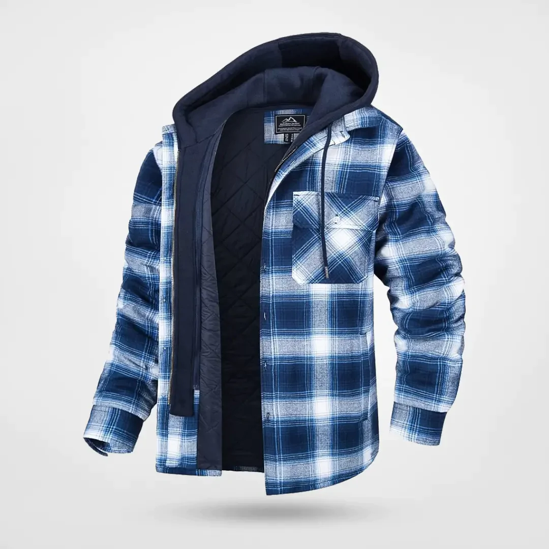 Men’s Coat – Relaxed Fit – Quilted Lining – Hooded – Checkered Woven Fabric