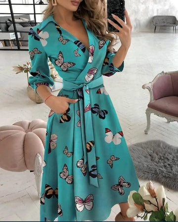 Women's Wrap Dress - Butterfly Print - Notched Collar - Tie Waist - Three-Quarter Sleeve Midi Length