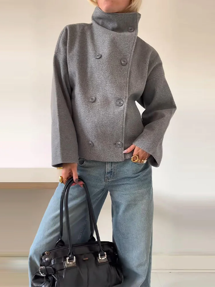Women’s Short Coat – Wool Blend – Oversized Fit – Stand-Up Collar – Double-Breasted
