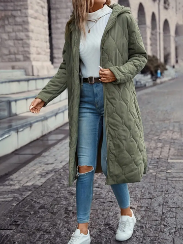 Women’s Quilted Coat – Long Length – Relaxed Fit – Hooded – Insulated Outerwear