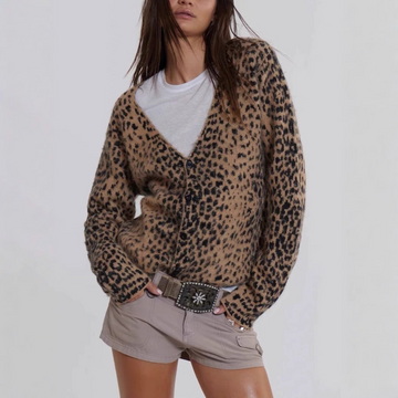 Women’s Knitted Cardigan – Relaxed Fit – Brushed Knit – V-Neck – Leopard Print