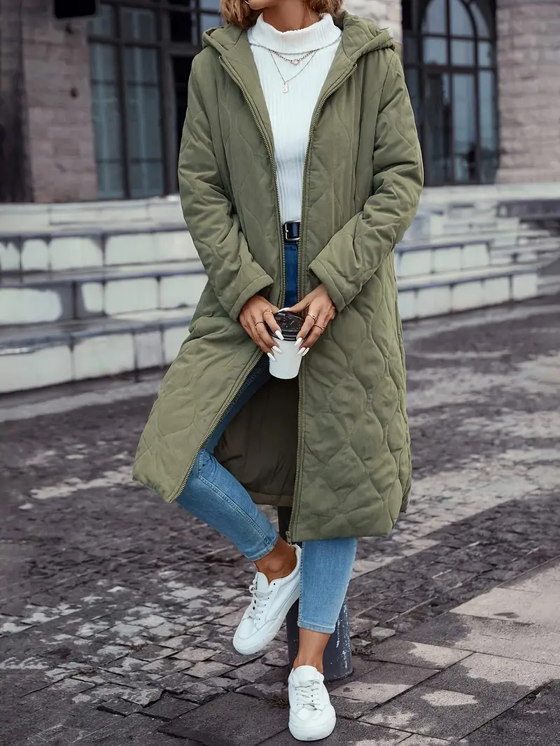Women’s Quilted Coat – Long Length – Relaxed Fit – Hooded – Insulated Outerwear
