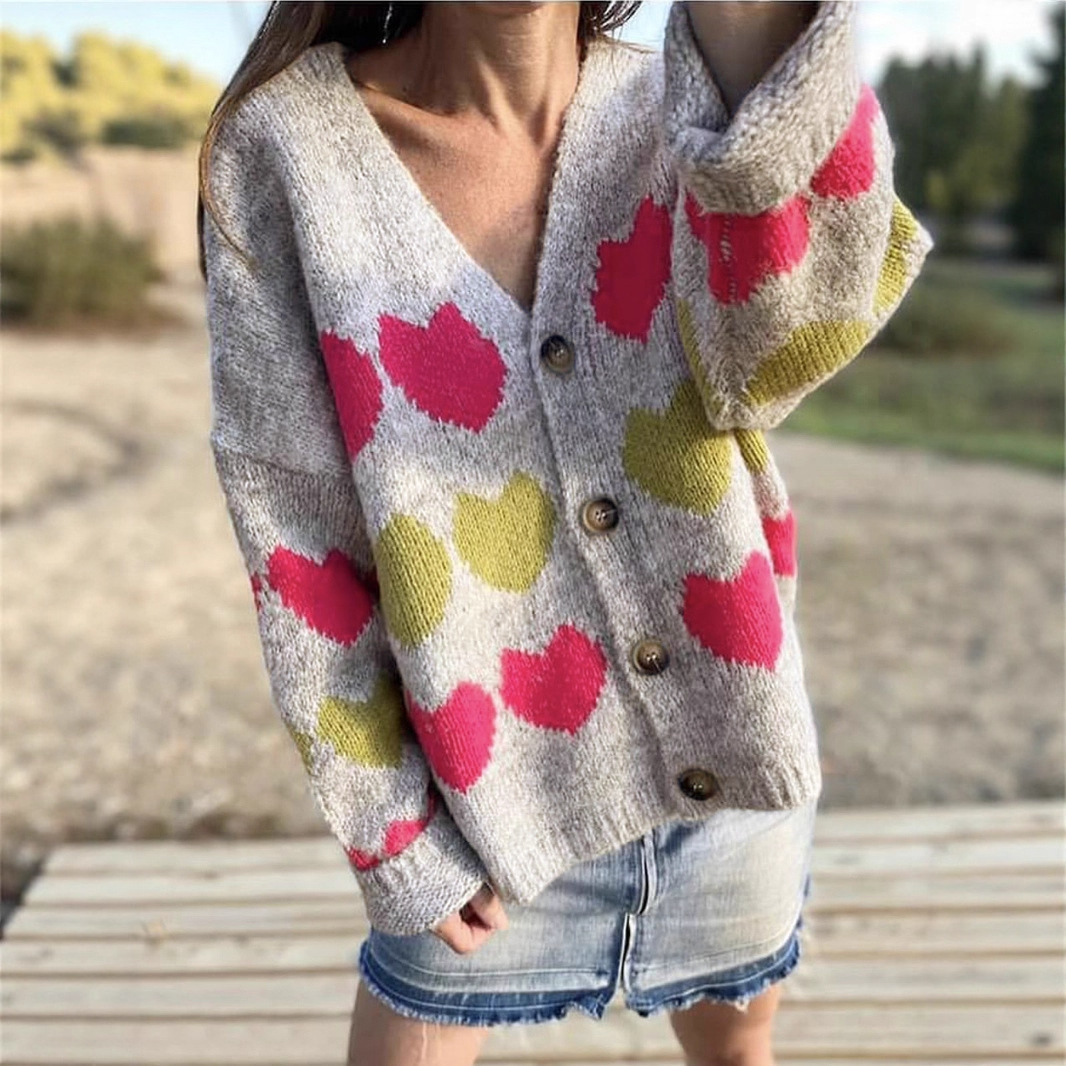 Women’s Cardigan Sweatshirts – Wool Knit – V-Neck – Heart Pattern – Button Front – Relaxed Fit