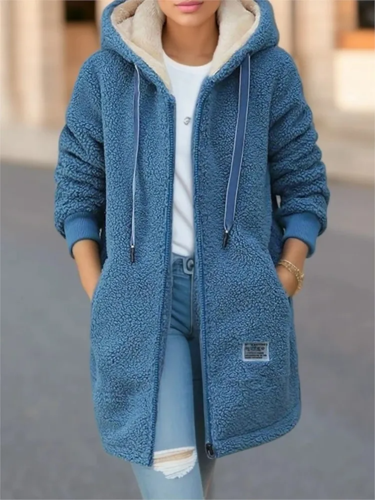 Women’s Mid-Length Coat – Fleece Lined – Loose Fit – Hooded with Zipper & Drawstrings