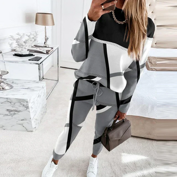 Women’s Two Piece Lounge Set – Cotton Knit – Relaxed Fit – Geometric Top – Drawstring Pants