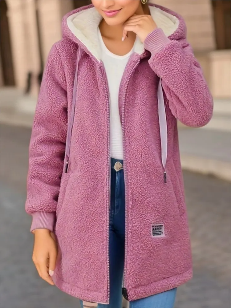 Women’s Mid-Length Coat – Fleece Lined – Loose Fit – Hooded with Zipper & Drawstrings