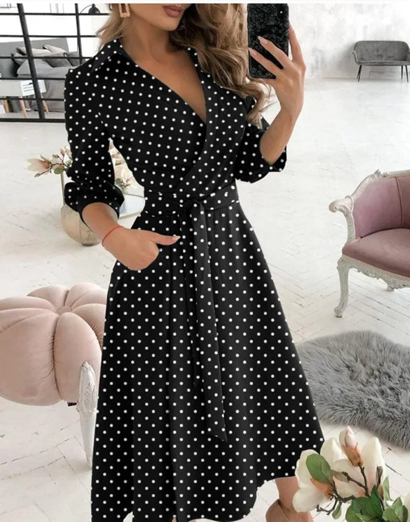 Women's Wrap Dress - Butterfly Print - Notched Collar - Tie Waist - Three-Quarter Sleeve Midi Length