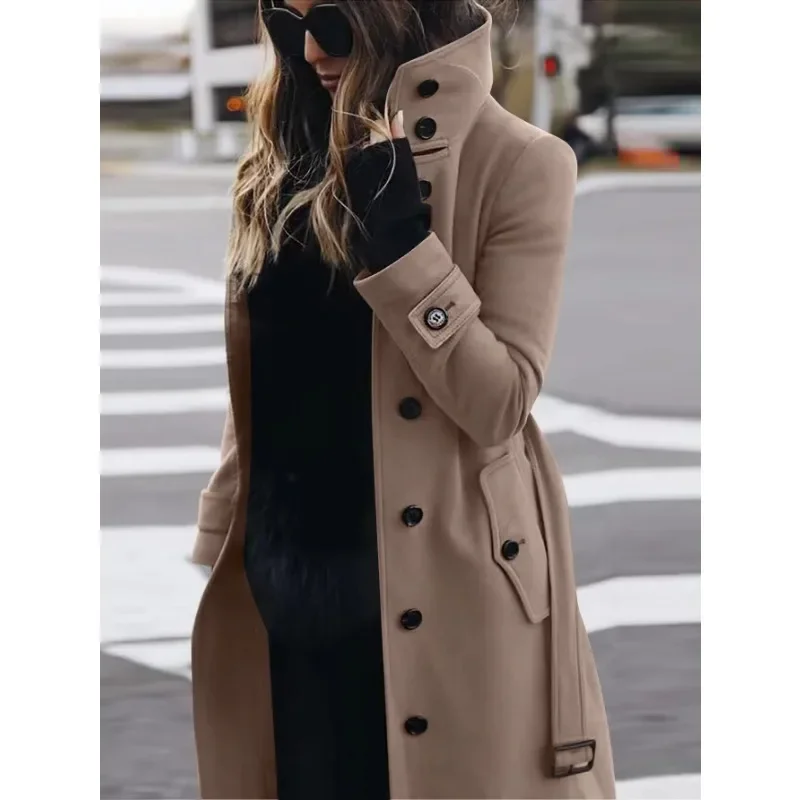 Women’s Wool Coat – Slim Fit – Single Breasted – Stand Collar – Full Length
