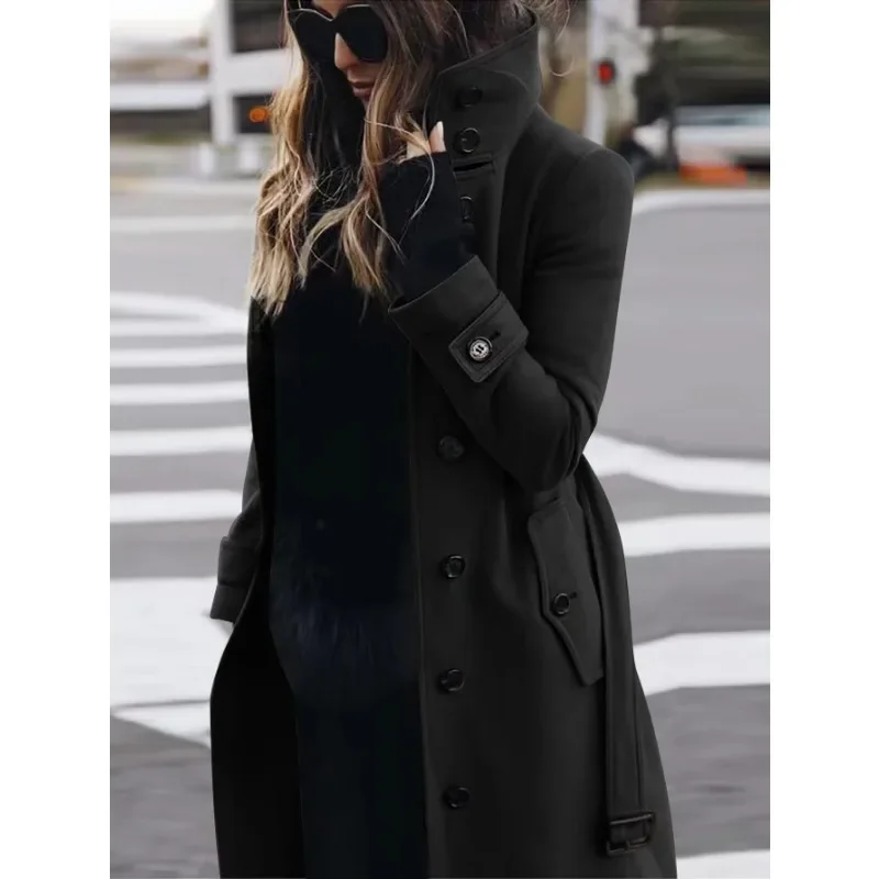Women’s Wool Coat – Slim Fit – Single Breasted – Stand Collar – Full Length