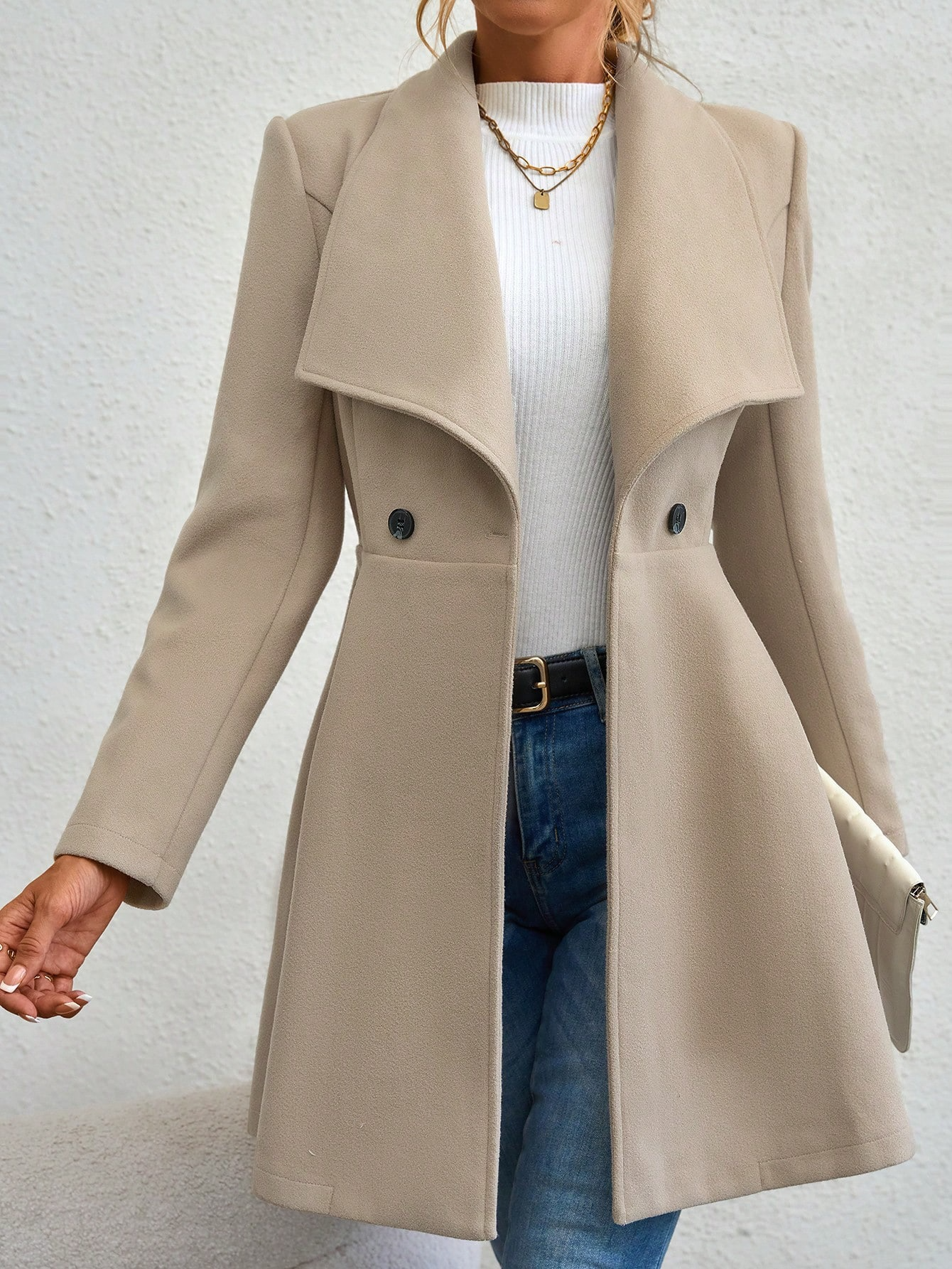 Women’s Jacket – Tailored Fit – Wool Touch – Lapel Collar – Button-Up Mid-Thigh