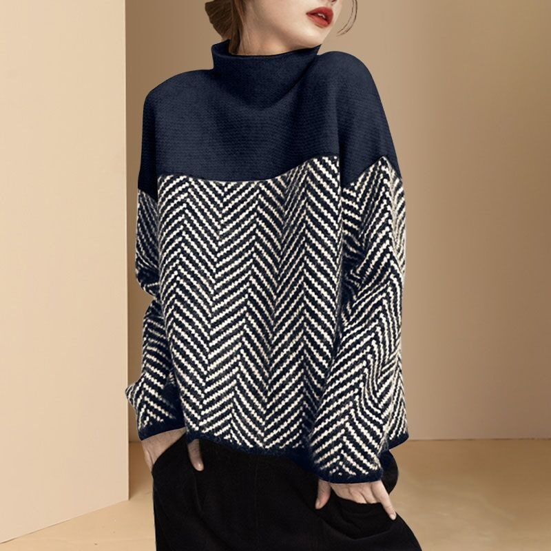 Women’s Pullover Sweatshirt – Oversized Fit – Soft Plush Knit – High Roll Neck – Patterned Design