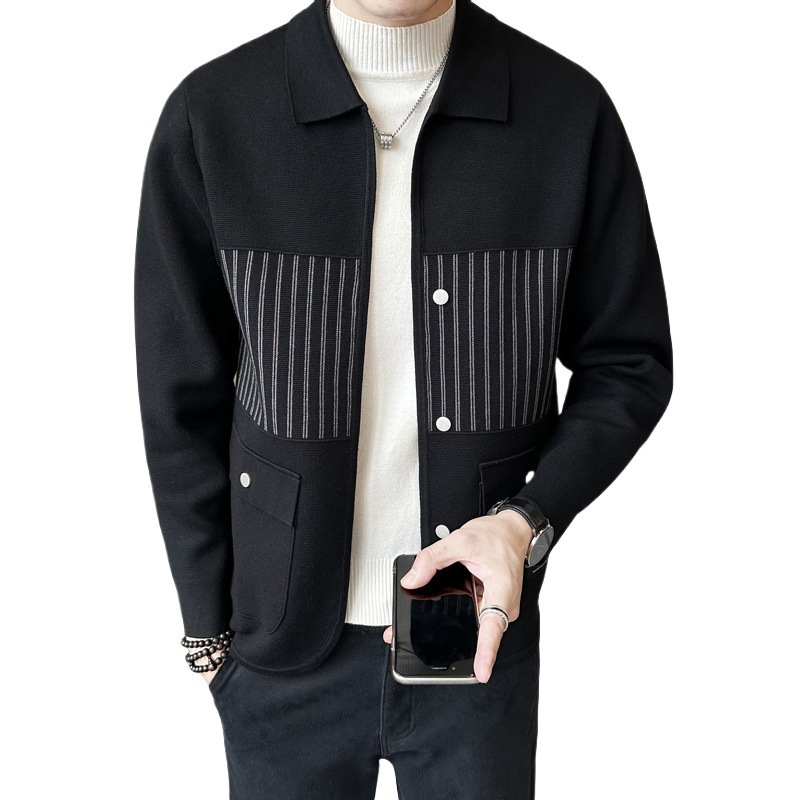 Men’s Knitted Cardigan – Regular Fit – Wool Blend – Spread Lapel – Ribbed Texture – Patch Pockets