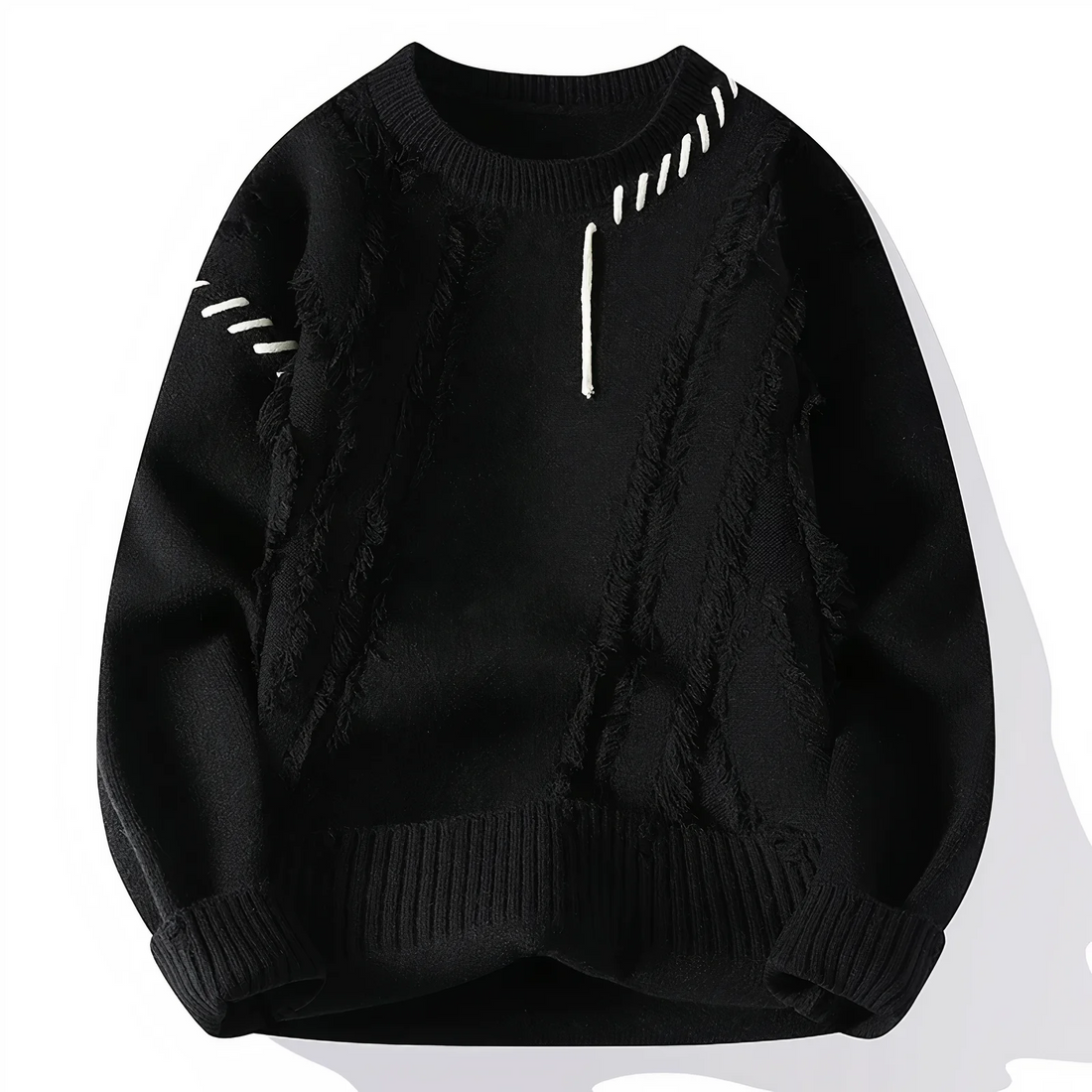Men’s Sweater – Relaxed Fit – Knitted Wool Blend – Patchwork Fringe – Crew Neck Casual