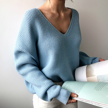 Women’s Pullover Sweatshirt – Relaxed Oversized Fit – Ribbed Knit – Deep V-Neck