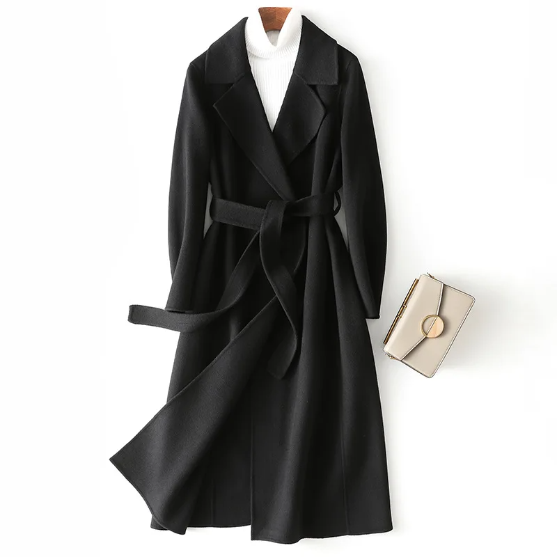 Women’s Wool Coat – Longline Fit – Belted Waist – Open Front Tailored Style