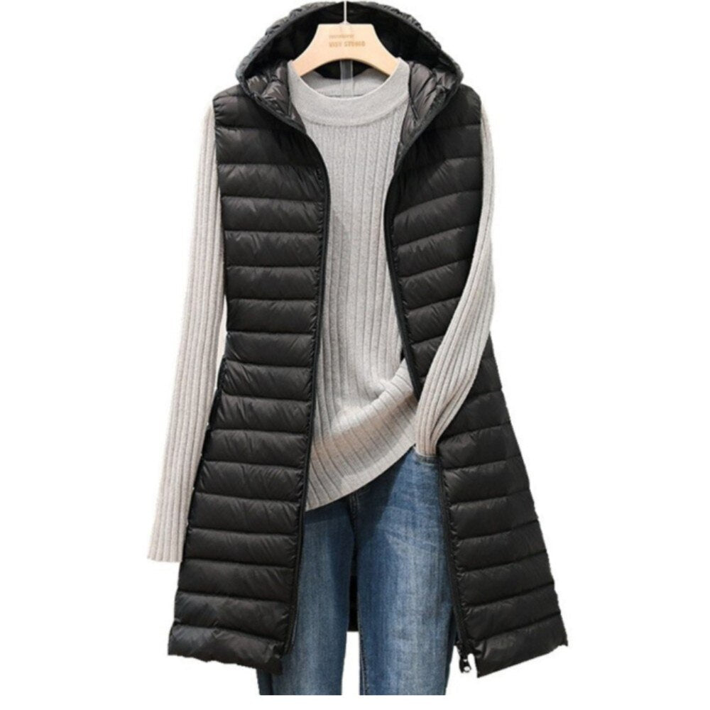 Long sleeveless padded coat with hood for women