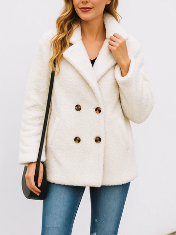 Women’s Fleece Jacket – Relaxed Fit – Sherpa Feel – Double-Breasted with Lapel Collar