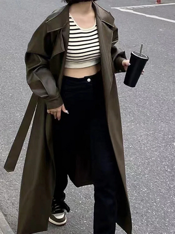 Women’s Long Coat – Tailored Fit – Faux Leather – Notched Lapel – Full Length