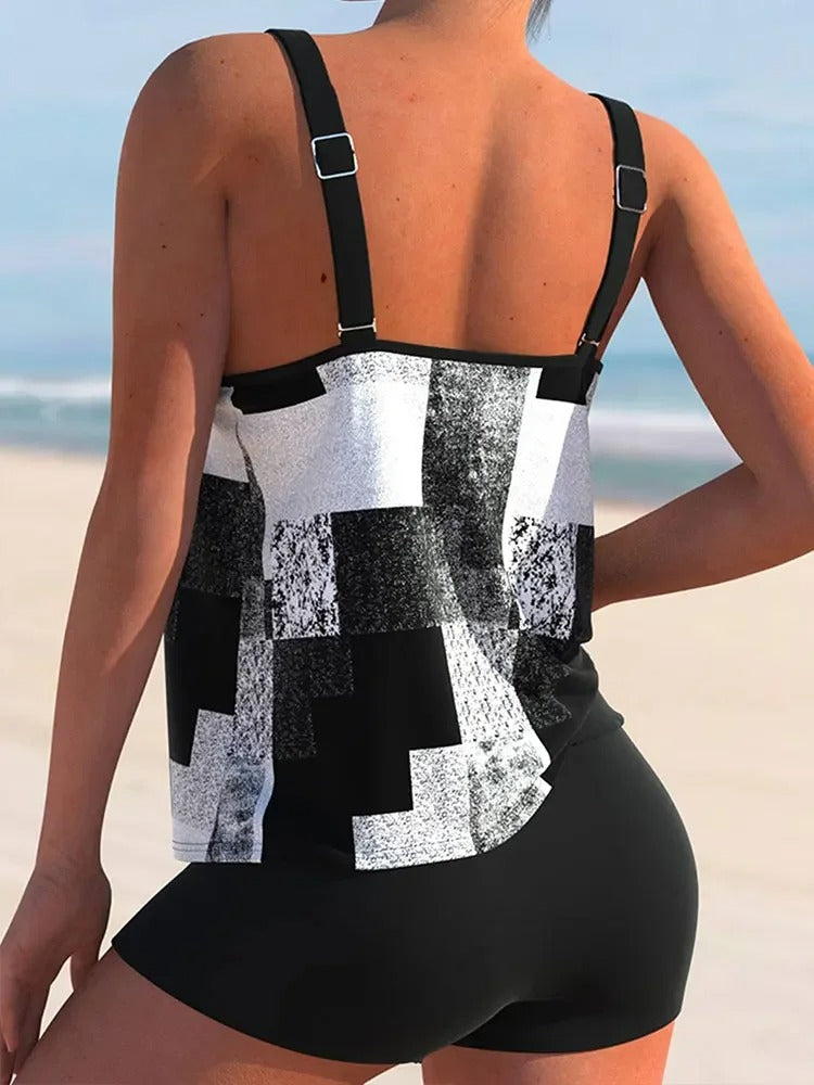 Women’s Tankini Top – Double Strap – Scoop Neck – Geometric Print – Relaxed Fit