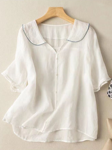 Women’s Short Sleeve Shirt – Relaxed Fit – Doll Collar – Breathable Natural Fibres
