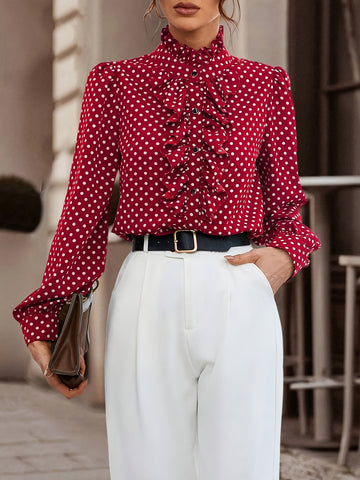 Polka dots ruffle trim blouse for women