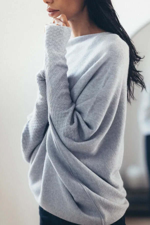Women's Oversized Sweater - Knit Fabric - Boat Neck - Long Sleeve - Ribbed Cuffs