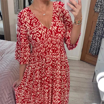 Women's Midi Dress - V-Neck - Lightweight & Breathable - 3/4 Sleeve - Abstract Print