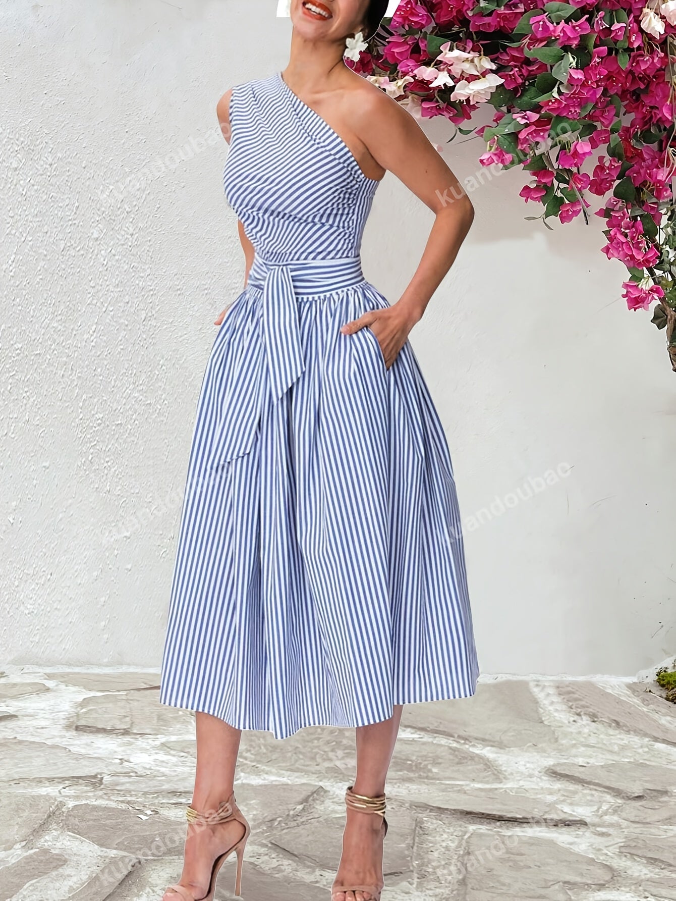 Women's Off-Shoulder Striped Midi Dress – Sleeveless – Belted Waist – Flowy Elegant Fit