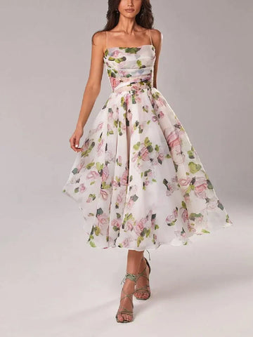 Women’s Midi Dress – Chiffon A-Line – Floral Print – Spaghetti Straps – Fitted Bodice