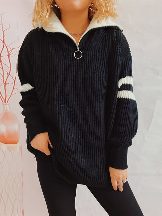 Half zip knitted loose sweater for women