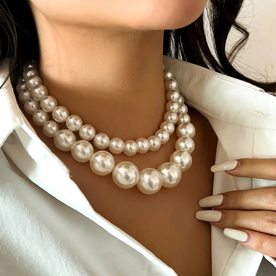 Pearl-embellished double-layer necklace set for women