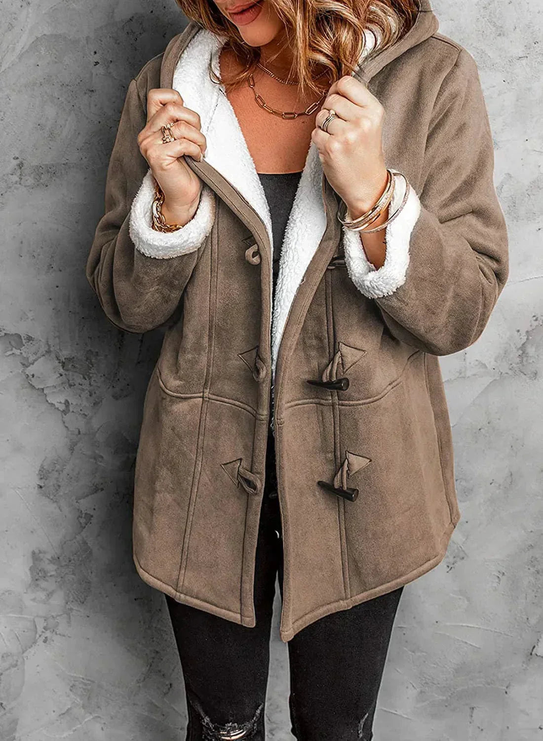 Women’s Jacket – Suede-Look Outer – Sherpa Lined – Hooded – Toggle Closure – Oversized Fit