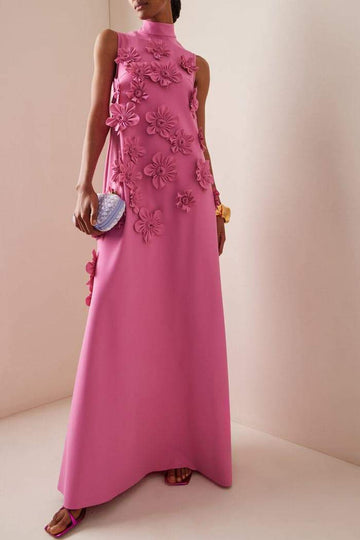 Women’s Maxi Dress – Silky Feel – Relaxed Fit – 3D Floral Appliqué – High Neck