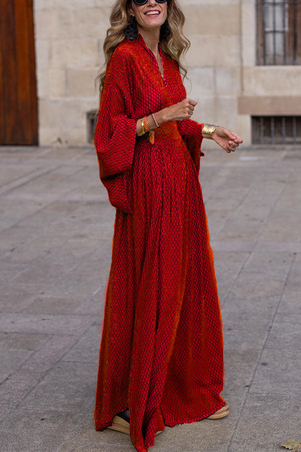 Women's Maxi Dress - Wrap Style - Flared Sleeves - Checkered Pattern - Flowing Fit