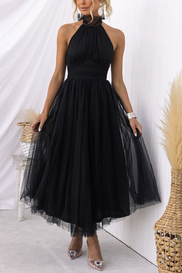 Women's Halter Neck Evening Dress - Tulle Layered - Elegant Formal Wear