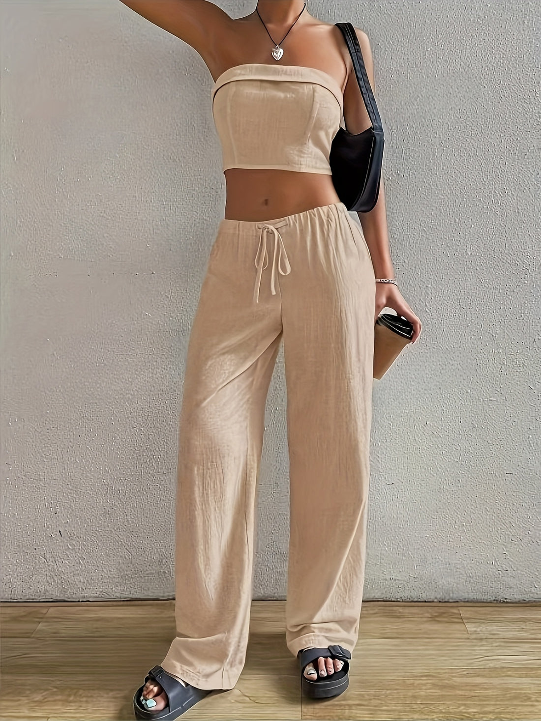 Women's Two-Piece Set - Strapless Crop Top & High-Waist Wide-Leg Pants - Linen Blend