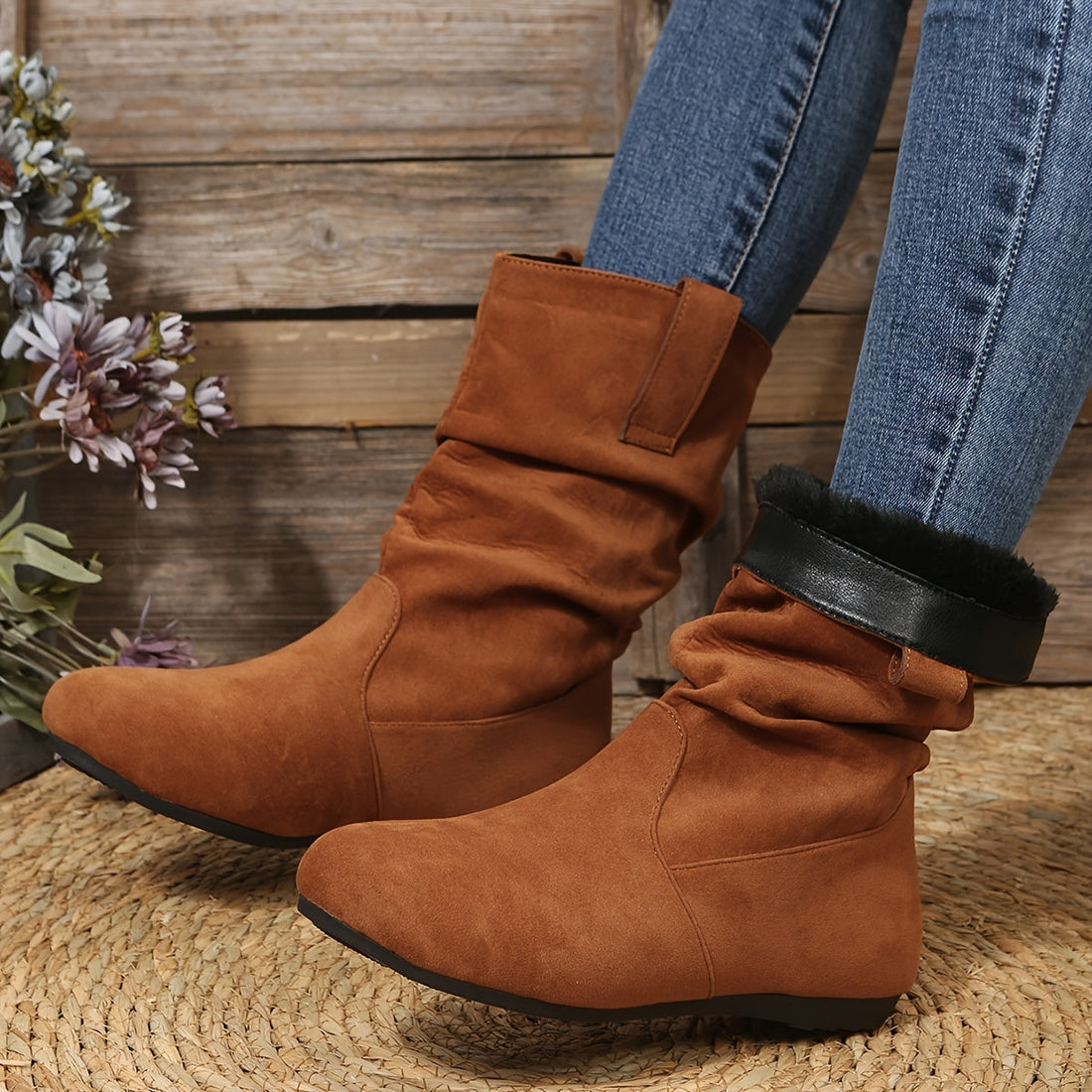 Mid calf faux suede retro slouchy boots for women