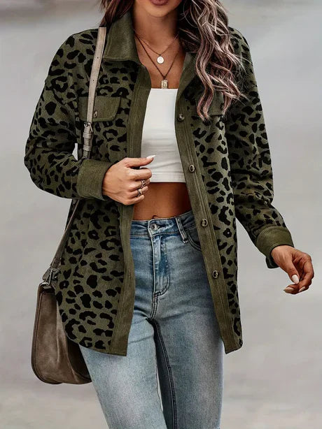 Women’s Shacket – Relaxed Fit – Corduroy Ribbed Texture – Button-Up Long Sleeve – Animal Print