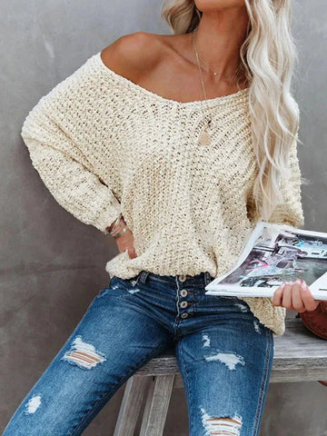 Women’s Sweatshirt – Oversized Fit – Textured Open-Knit – V-Neck Long Sleeve