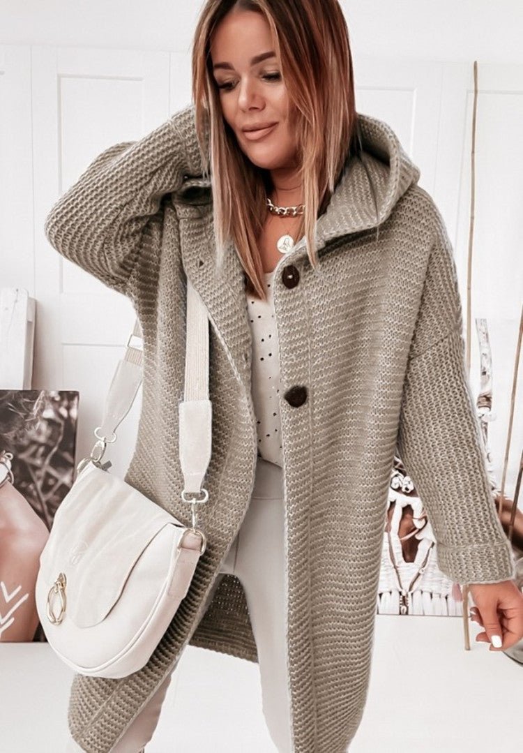Women’s Cardigan – Wool Knit – Relaxed Fit – Hooded – Mid-Length – Button Front