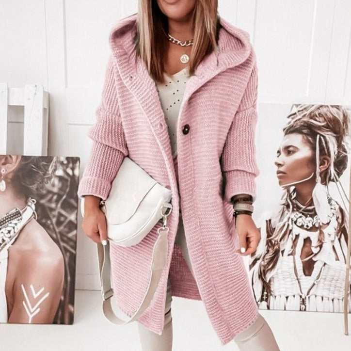 Women’s Cardigan – Wool Knit – Relaxed Fit – Hooded – Mid-Length – Button Front